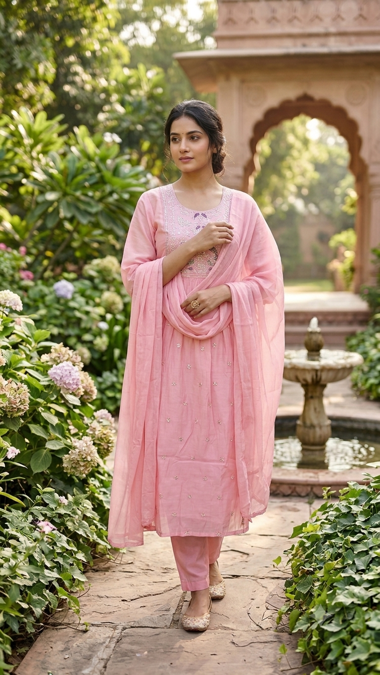 Elegant Baby Pink Embroidered A-LINE Suit