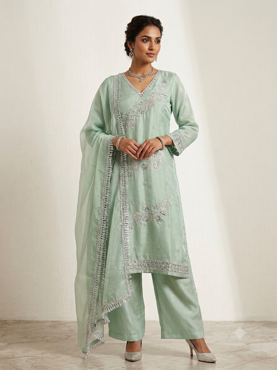 Mint Green V-Neck Organza Kurta & Palazzo Set