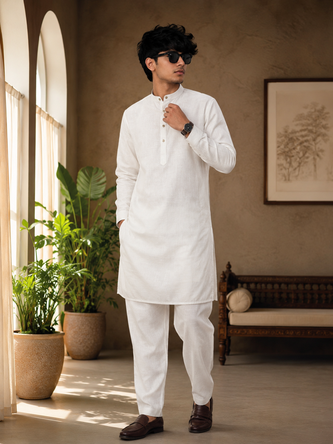 Men's Classic Off-White Cotton Kurta Pajama Set