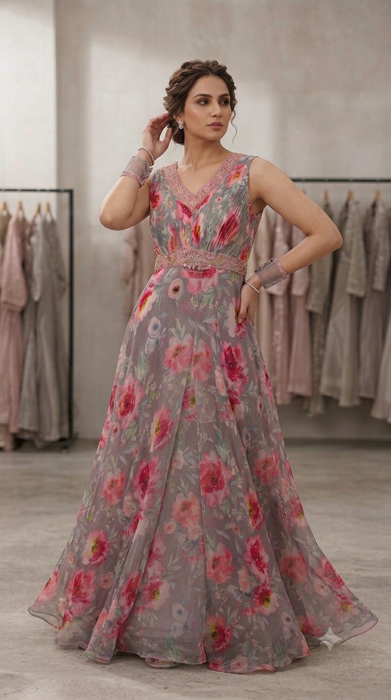 Floral Print Indo-Western Long Gown