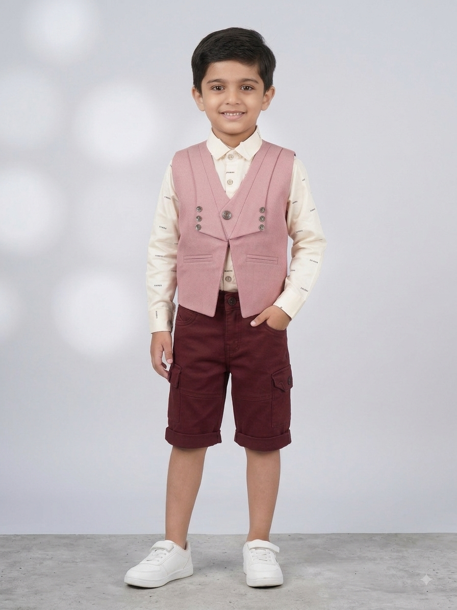 Boys’ Casual Smart 3-Piece Shorts Set with Pink Waistcoat