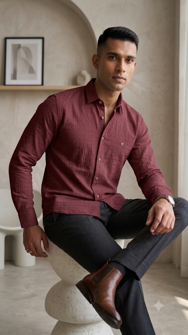 Beige Self-Textured Club Wear Shirt