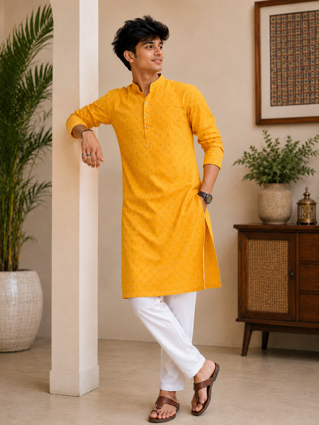 Mustard Yellow Printed Long Kurta with White Pyjama Set