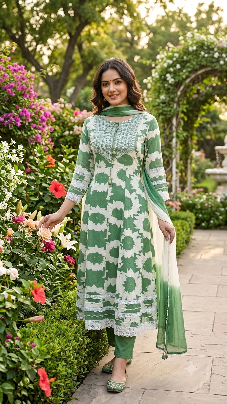 Sage Green Floral Printed Cotton Anarkali Suit Set