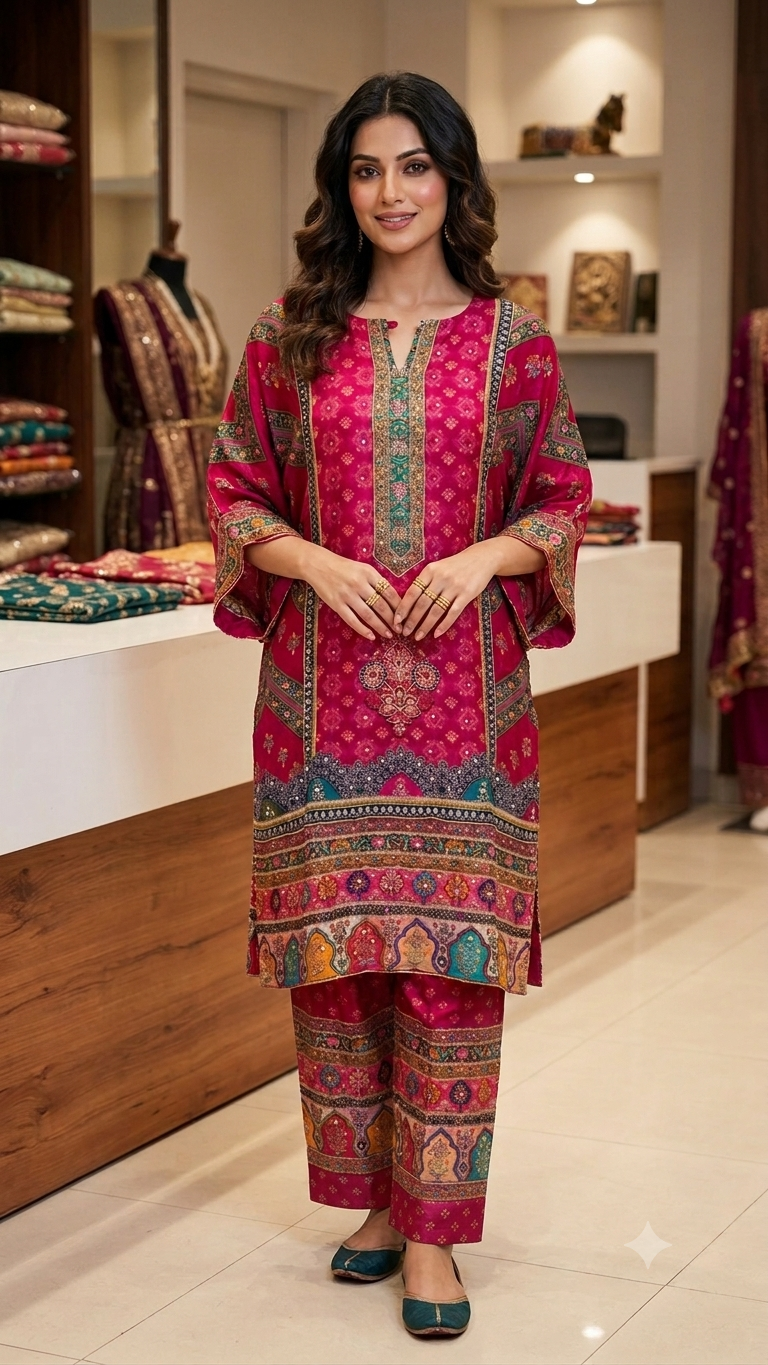 Royal Magenta Printed Silk Kaftan Set